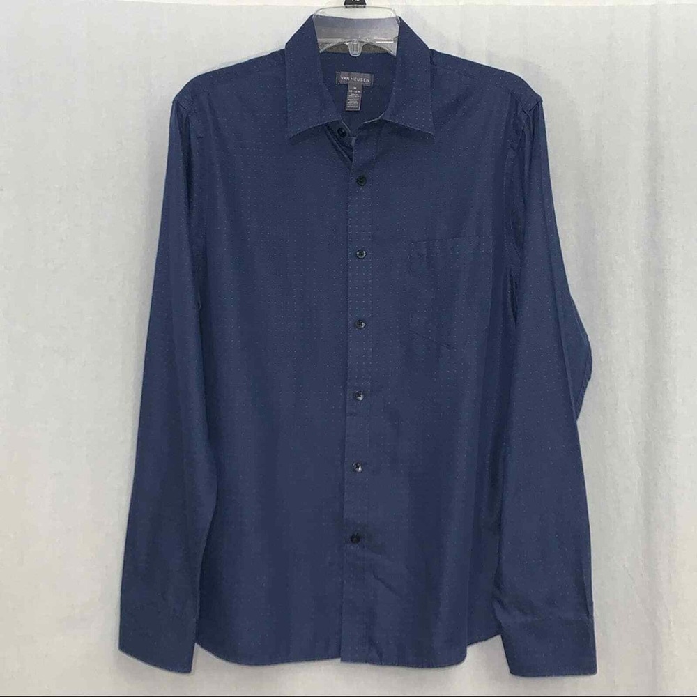 Van Heusen Button Down Shirt Mens Medium Navy Blue Micro Polka Dot Long Sleeve